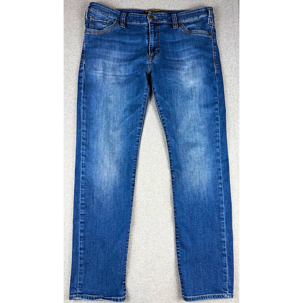 34 Heritage Mens Jeans 38x32 Blue Stretch Denim Straight Leg Embroidered Pocket